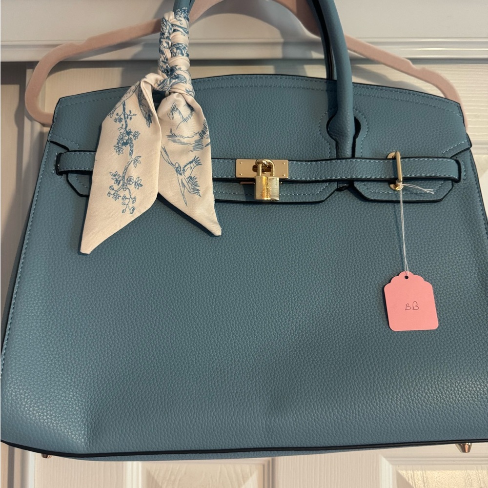 Elegant Blue Handbag with Scarf Accent